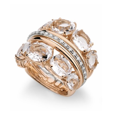 Anel ouro rose e branco, quartzos translúcidos 10,40CT, diamantes 0,18CT.