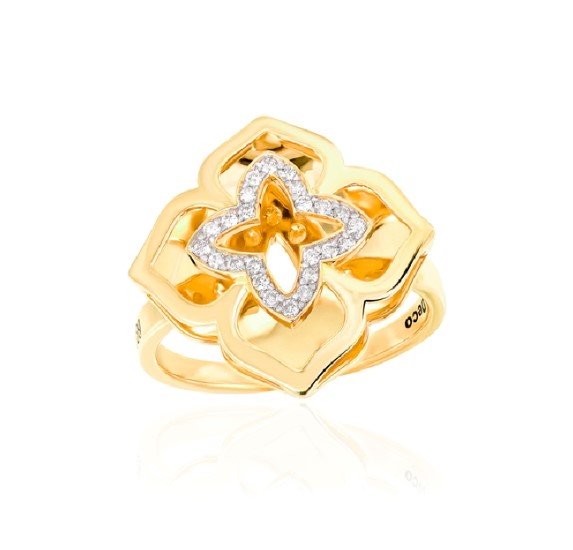 Anel Ouro Amarelo Flor e Diamantes 0,11 ct