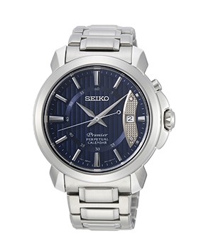 Relógio masculino automático, caixa e pulseira aço, mostrador azul, Seiko Premier.