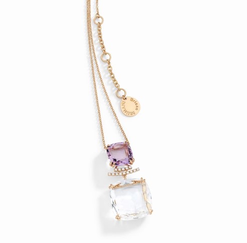 Gargantilha ouro rosé com quartzos translúcidos, ametistas e diamantes