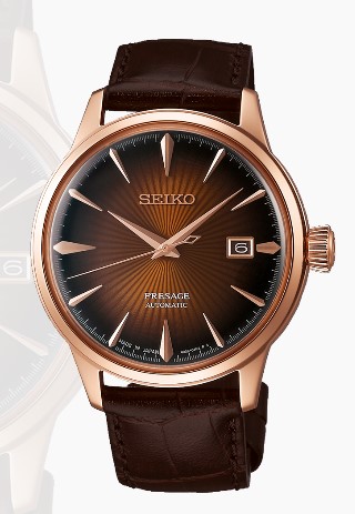 Relógio masculino automático Seiko Presage, caixa em aço rosé e pulseira couro.