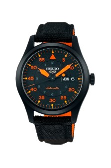 Relógio masculino automático Seiko Sports, caixa em aço preto e pulseira couro.