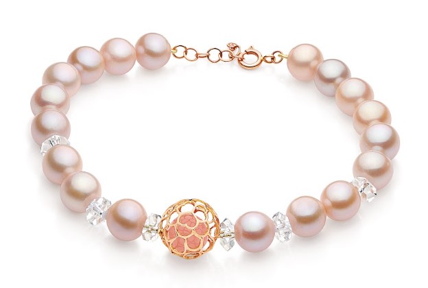 Pulseira ouro rosé com pérolas, cristais e quartzo rosa