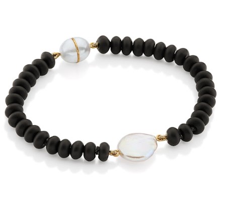 Pulseira ouro amarelo ágatas negras e pérolas com fecho magnético