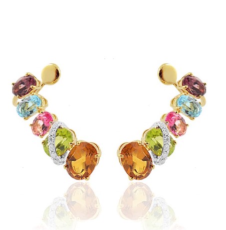 Brinco ouro amarelo ear cuff gemas coradas e diamantes 