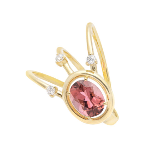 Anel ouro amarelo com turmalina rosa e diamantes