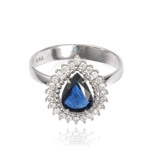 Anel Ouro Branco com Gota Safira Azul e Diamantes