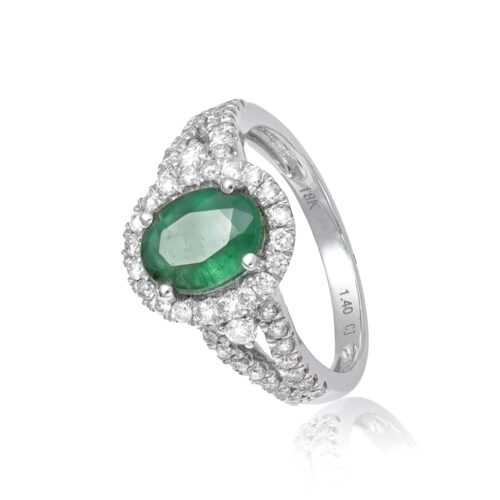 Anel Ouro Branco com Esmeralda e Diamantes