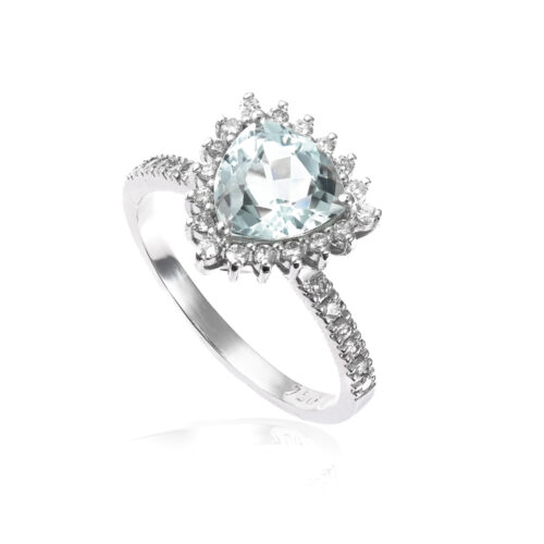 Anel Ouro Branco Agua Marinha com Diamantes Laterais