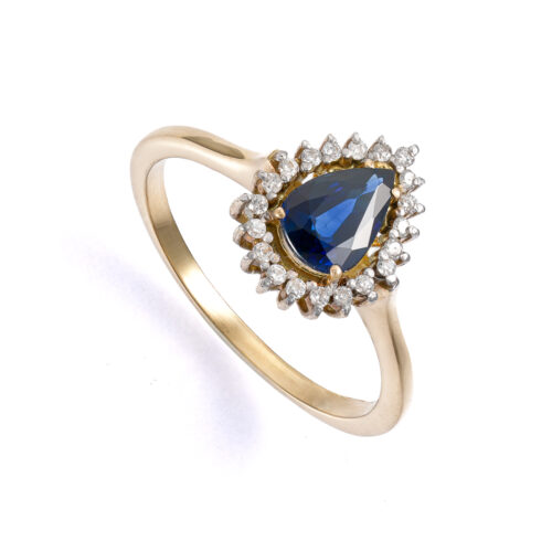 Anel Ouro Amarelo com Safira Azul Gota e Diamantes