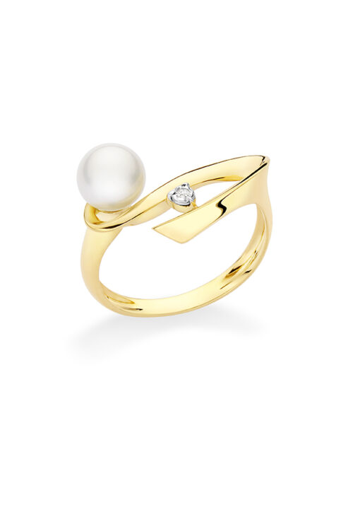 Anel Ouro Amarelo Torcido com Pérola e Diamante