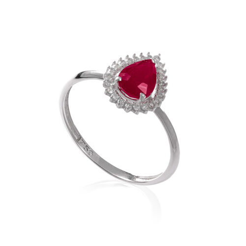 Anel Ouro Branco Gota Rubi com Diamantes