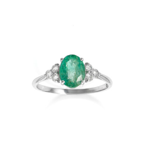 Anel Ouro Branco com Esmeralda Oval e Diamantes