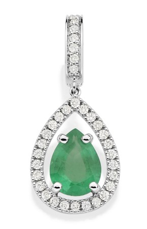 Pingente Ouro Branco Esmeralda com Moldura e Contra Argola em Diamantes