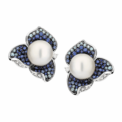Brinco Ouro Branco com Safiras Azuis Topázios Azuis Diamantes e Pérola South Sea