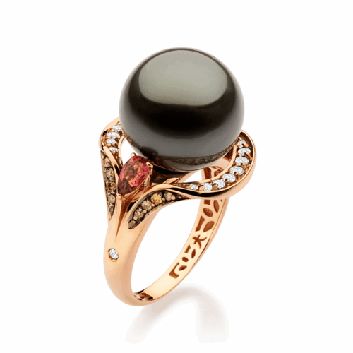 Anel Ouro Rosé com Diamantes Brancos e Brown Turmalinas Rosa e Pérola South Sea Negra