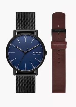 Relógio Aço Masculino Analógico Com Pulseira Adicional de Couro Marrom Skagen