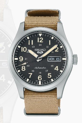 Relógio automático, caixa redonda aço, mostrador preto, arábicos, calendário, pulseira tecido bege.