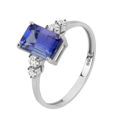 Anel ouro branco, tanzanita retangular 1,95 ct, diamantes 0,20 ct 