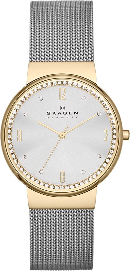 Relógio aço bicolor, caixa dourada, mostrador prata, pulseira esteira aço.