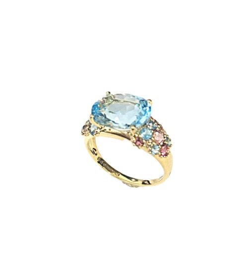 Anel ouro amarelo topázio azul, topázios rosa e diamantes 0,06 ct 