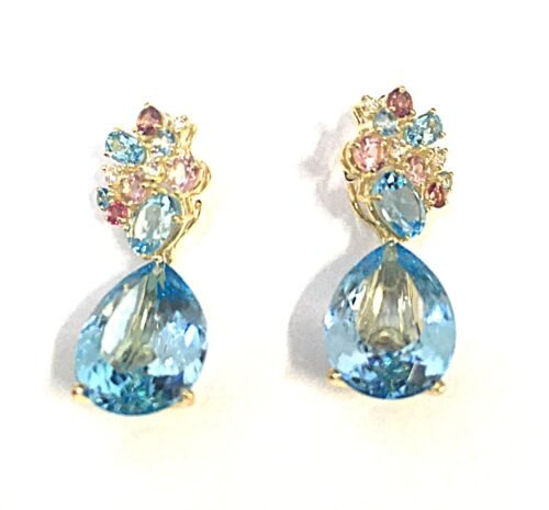 Brinco ouro amarelo, gota topázios azuis, base topázios azuis, brancos, rosa, diamantes 0,03 ct 