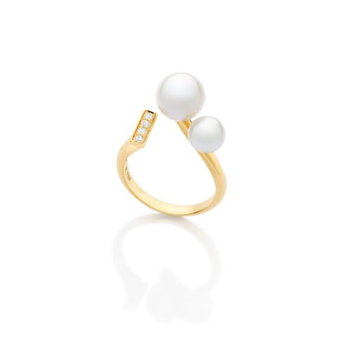 Anel ouro amarelo, pérolas Biwa e diamantes 