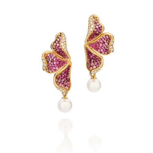 Brinco ouro amarelo rubis, safiras, diamantes e pérolas Akoya