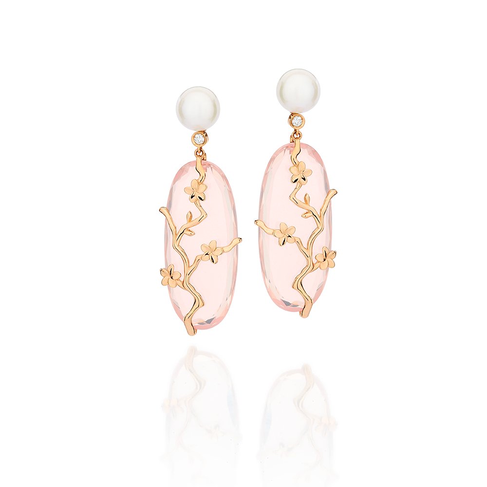 Brinco ouro rosé, quartzos rosa, diamantes e pérolas Akoya