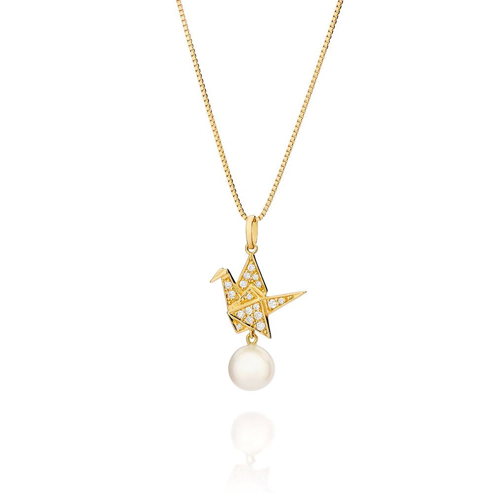 Pingente ouro amarelo Tsuru diamantes e pérola Akoya.