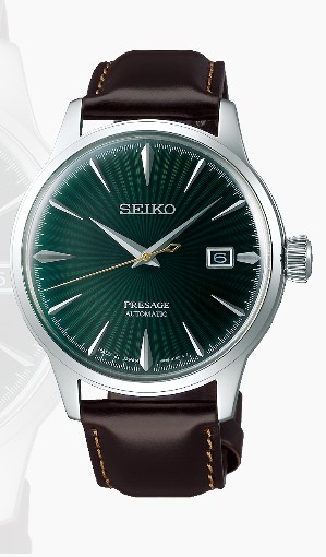 Relógio automático, caixa aço, mostrador verde, calendário, pulseira couro marrom.