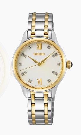 Relógio aço analógico, mostrador branco diamantes, caixa e pulseira bicolor.