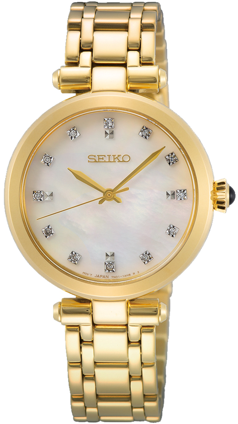 Relógio aço dourado, mostrador madrepérola com diamantes