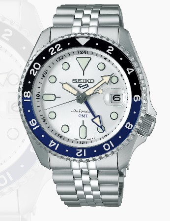 Relógio aço, mostrador branco, besel azul e preto, calendário.