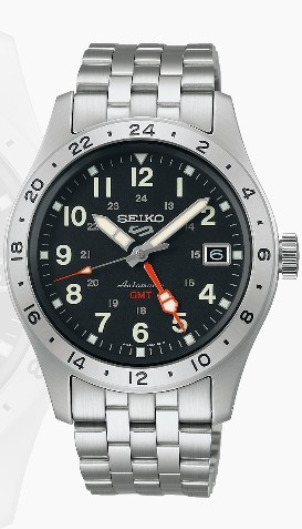 Relógio automático, mostrador preto, números arábicos, calendário.