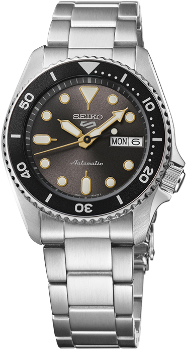 Relógio automático, caixa e pulseira aço, mostrador e bisel preto, calendário.