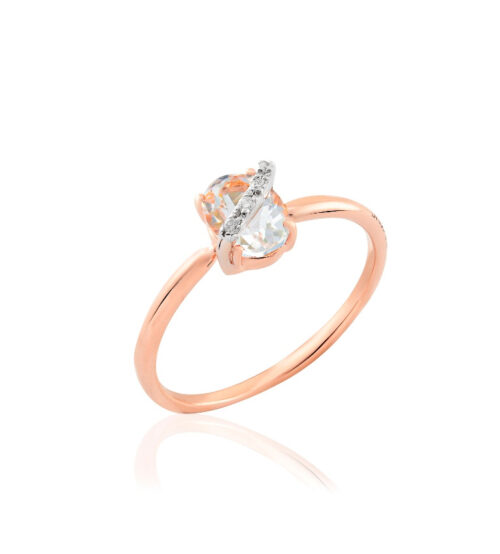 Anel ouro rosé, quartzo translúcido e diamantes