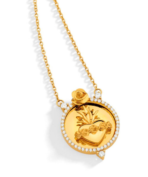 Gargantilha ouro amarelo, Sagrado Coração de Maria, com diamantes e topázio branco.