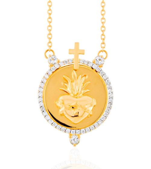 Gargantilha ouro amarelo, Sagrado Coração de Jesus, com diamantes e topázio branco.