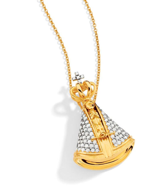Gargantilha ouro amarelo Nossa Senhora Aparecida, diamantes 1,25 ct e topázio branco
