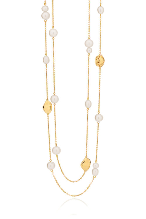 Colar ouro amarelo pérolas Biwa, com fecho imã, 85cm.