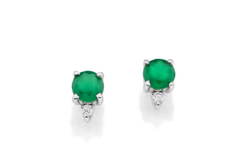 Brinco ouro branco ágata verde e diamantes 3 pontos 