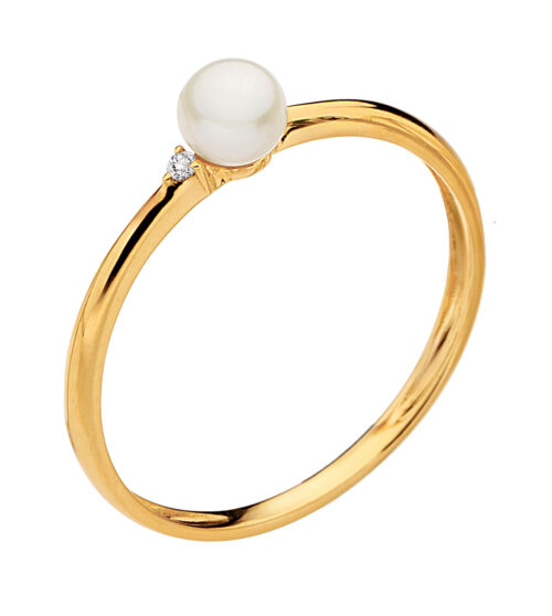 Anel ouro amarelo pérola Biwa e diamante 1 ponto