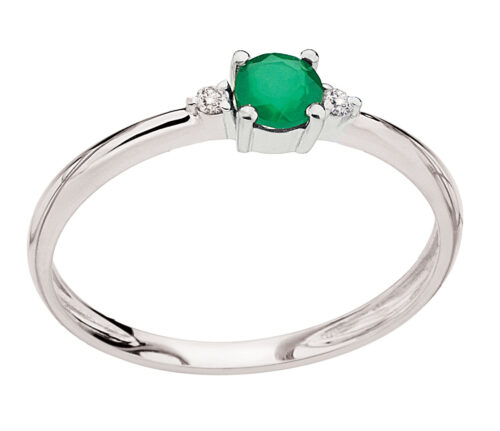 Anel ouro branco, ágata verde 4mm e diamantes 2 pontos.