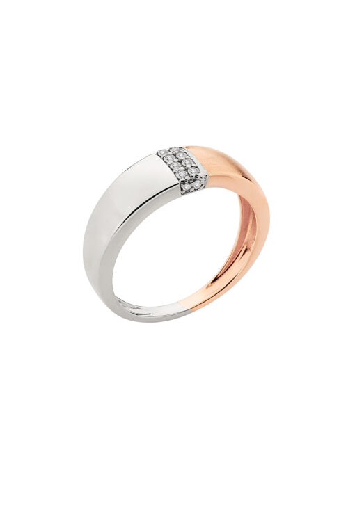 Anel ouro branco e ouro rosé com diamantes 9 pontos.