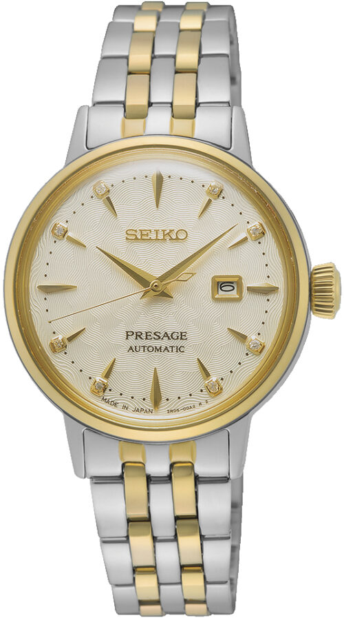 Relógio automático bicolor, mostrador branco, calendário, caixa e pulseira aço/dourado.