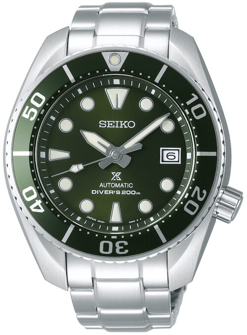 Relógio automático, caixa e pulseira aço, mostrador verde, calendário.