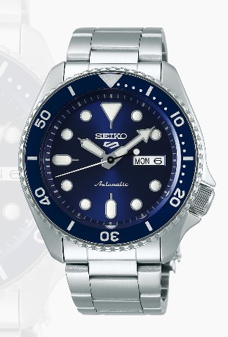 Relógio automático, caixa e pulseira aço, mostrador e bisel azul, calendário.