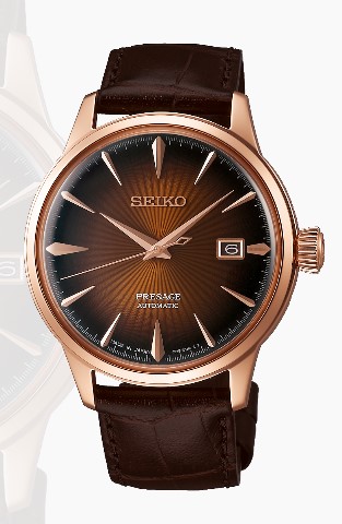 Relógio automático, caixa rosé, mostrador marrom, calendário, pulseira couro marrom.