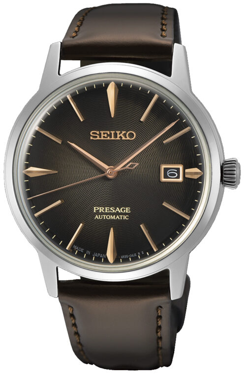 Relógio automático, caixa aço, mostrador marrom, calendário, pulseira marrom.